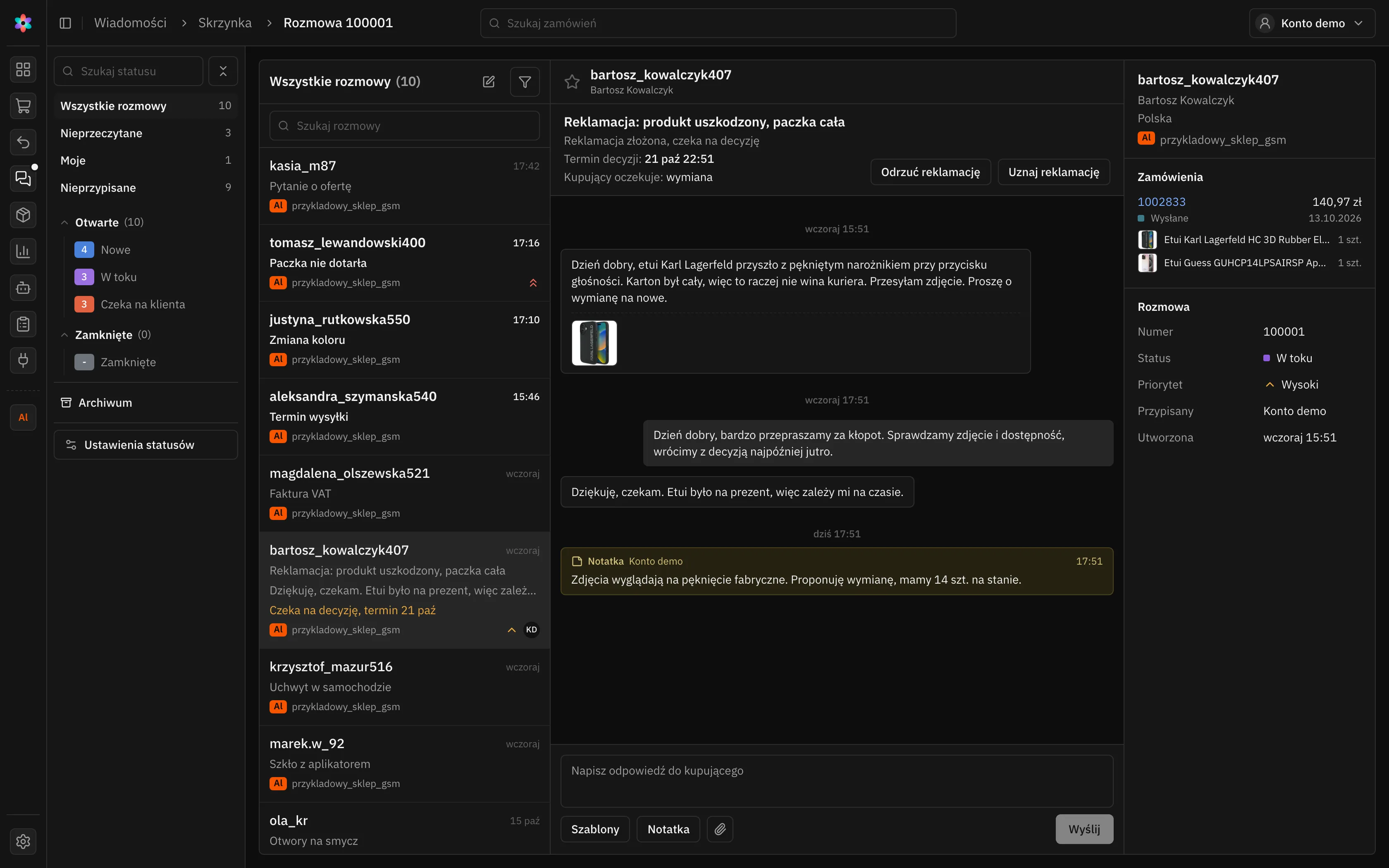 Reklamacja z Allegro w skrzynce panelu Flovern: uszkodzone etui, termin decyzji i oczekiwanie kupującego, przyciski Odrzuć reklamację i Uznaj reklamację, odpowiedź sprzedawcy, wewnętrzna notatka zespołu oraz status, priorytet i osoba przypisana.