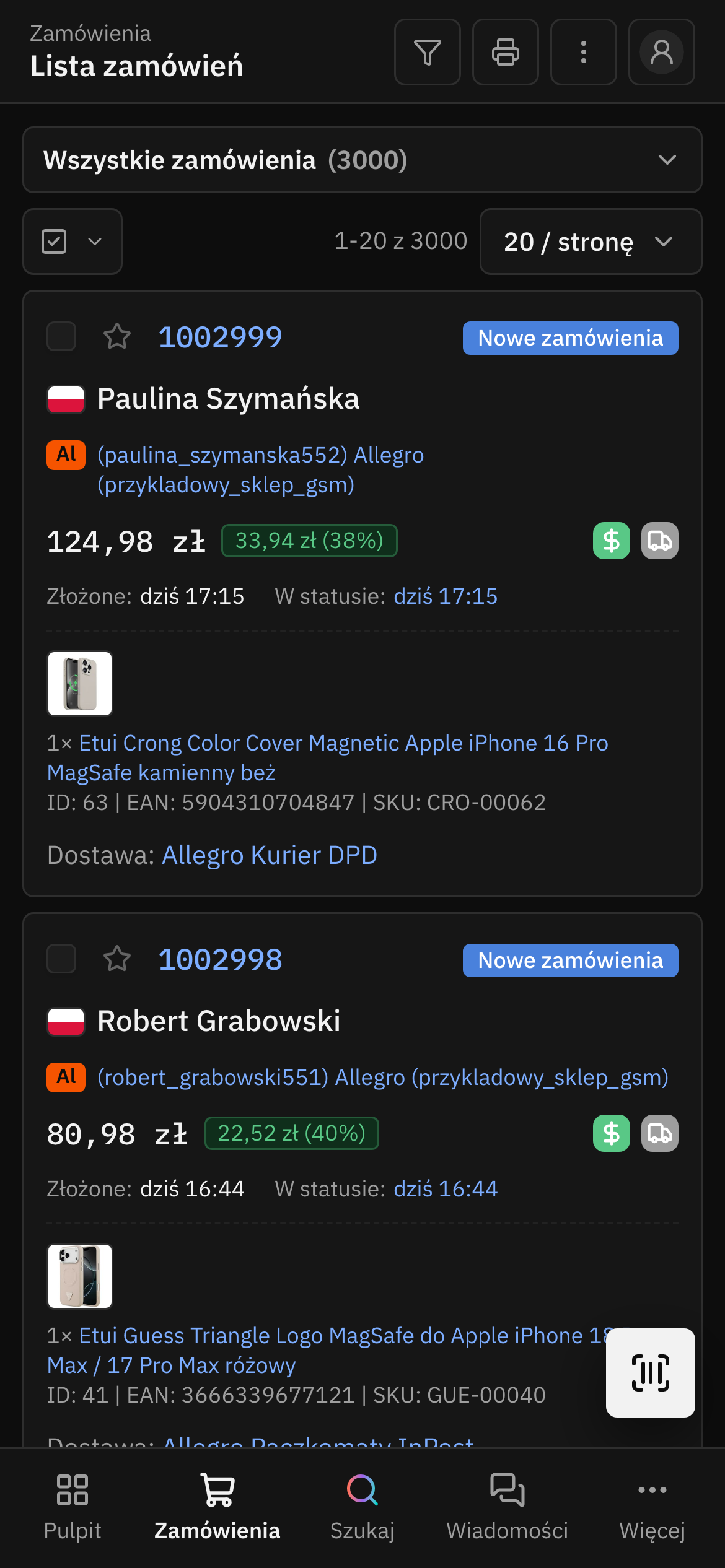 Lista zamówień w panelu Flovern na telefonie: karty zamówień z kwotą, marżą, źródłem zamówienia i dostawą, dolna nawigacja.