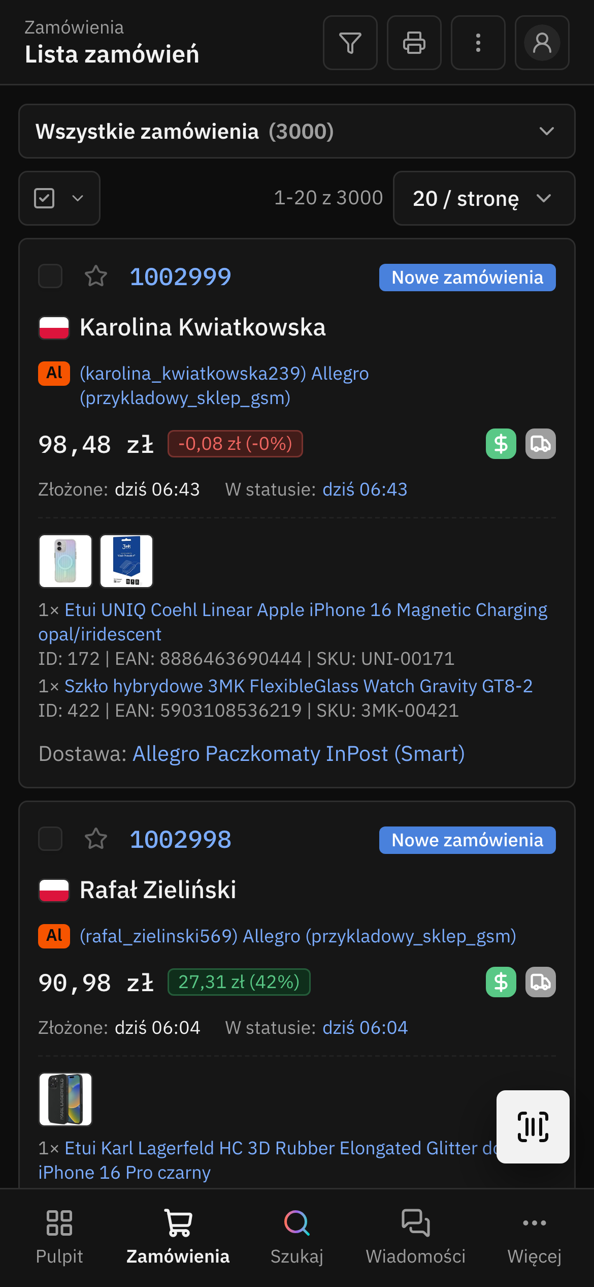 Lista zamówień w panelu Flovern na telefonie: karty zamówień z kwotą, marżą, kanałem sprzedaży i dostawą, dolna nawigacja.